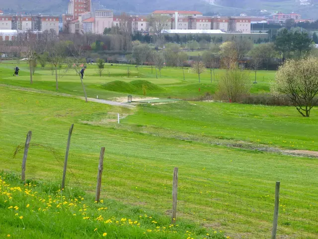 The image shows a golf course with lush green grass, tall trees, and yellow flowers in the...