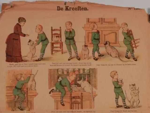 The image shows an old book with illustrations of children playing with animals on it, placed on a...