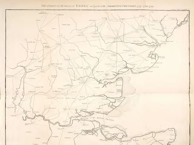 The image shows a paper with a map of the British Isles, depicting the tringles for the survey of...