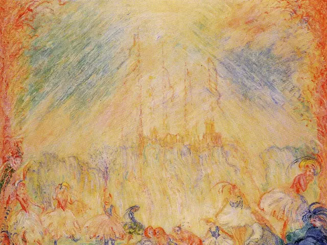 The image shows a painting of a group of people dancing in a park, with trees in the background....