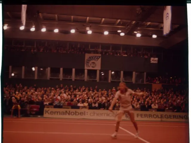 The image shows a man playing tennis on a clay court in front of a crowd of people sitting in...