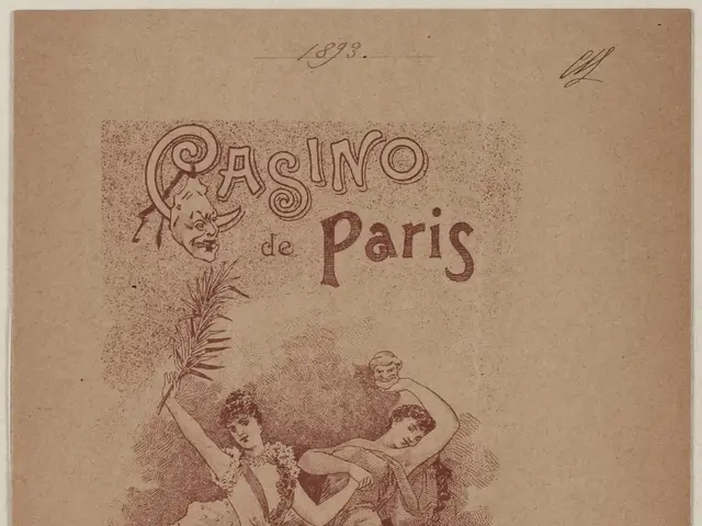 The image shows an old book with a drawing of two women dancing on it. The paper has words and...
