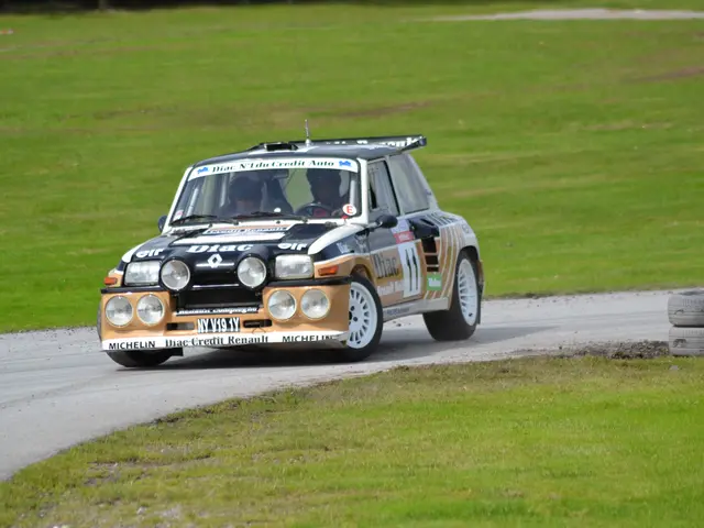 The image shows a rally car driving down a race track with two people inside, surrounded by grass...