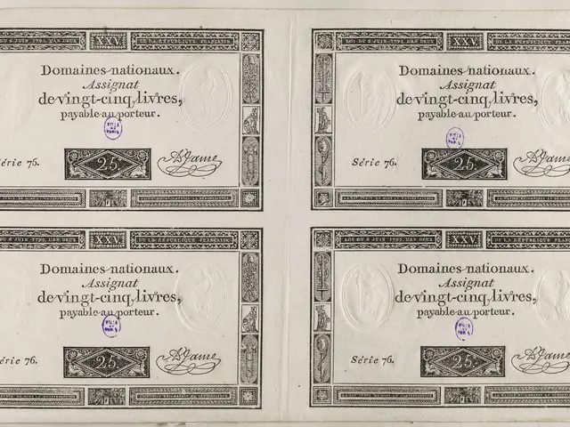 The image shows an old book with four different types of money on it, each with text and numbers...