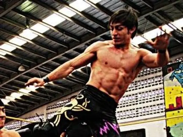 The image shows two wrestlers in a wrestling ring with their arms outstretched, surrounded by a...