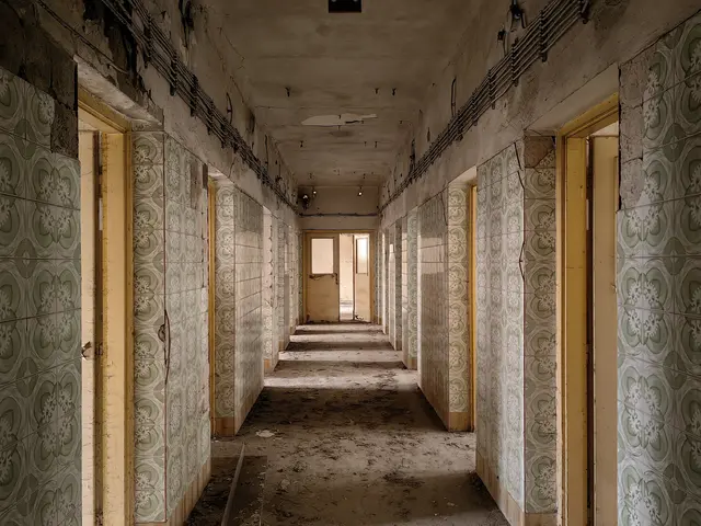 The image shows a long hallway in an abandoned building with peeling paint on the walls. The...