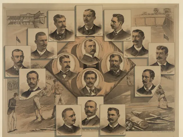 The image shows a group of men in suits and ties posing for a photo, with a paper in the center of...