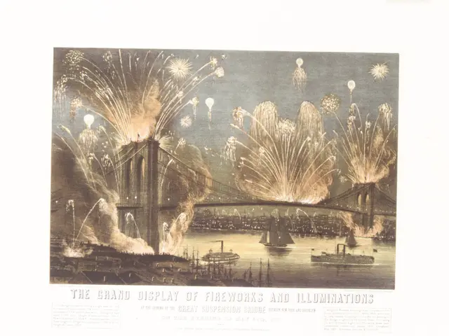 The image shows a poster of the grand display of fireworks and illuminations, with a bridge in the...