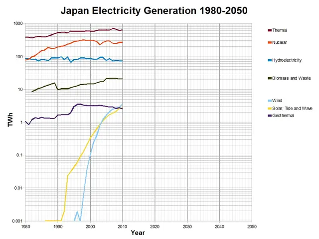 The image shows a graph of Japan's electricity generation from 1980 to 2050, with different colors...
