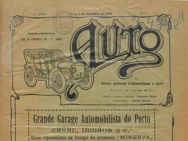 The image shows an old book with a picture of a car on it, along with some text written on the...