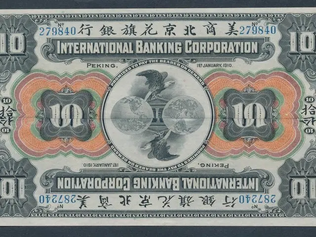 The image shows an old Japanese 10 yen banknote from the International Banking Corporation. The...