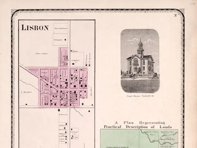 The image shows an old map of Lisbon, Portugal, with a building in the background. The map is...