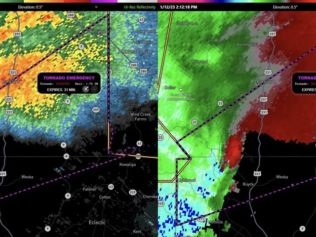The image shows a radar screen with a map of the city of Houston, Texas, displaying a severe...