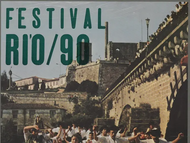 The image shows a poster for the Festival Rio/90 in Portugal, Spain, with a group of people dancing...