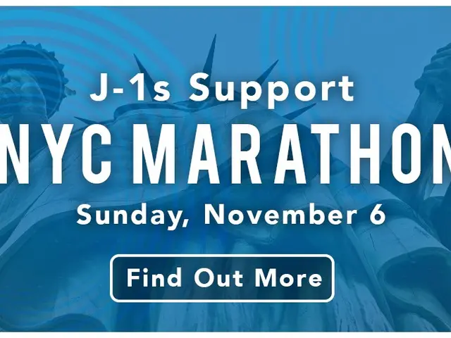 The image shows a poster with the text "j-1s support NYC Marathon" and a logo of the New York City...