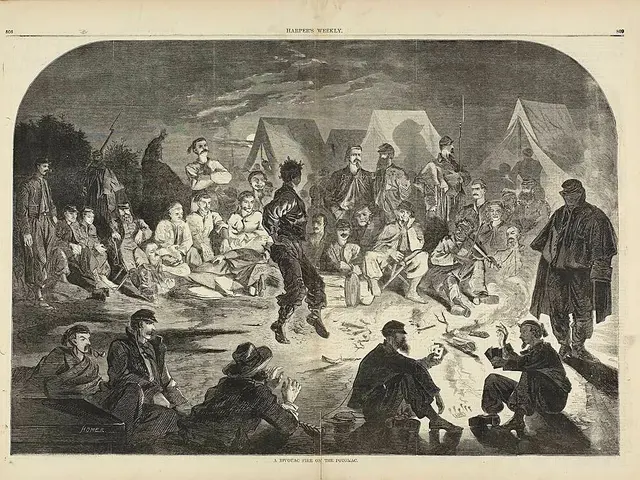 The image shows a group of people sitting around a fire in front of tents, with trees in the...