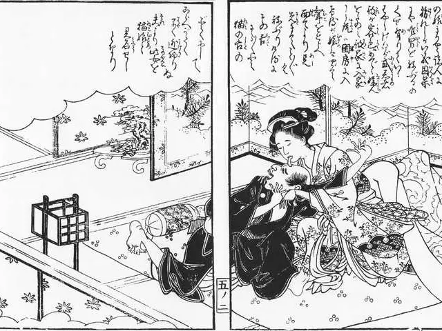 The image shows a black and white drawing of a woman in a kimono and a man in a suit, both of whom...