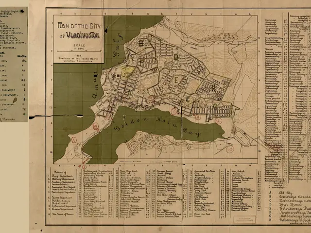 The image shows an old map of the city of Vladivostok, with text written on it. The map is...