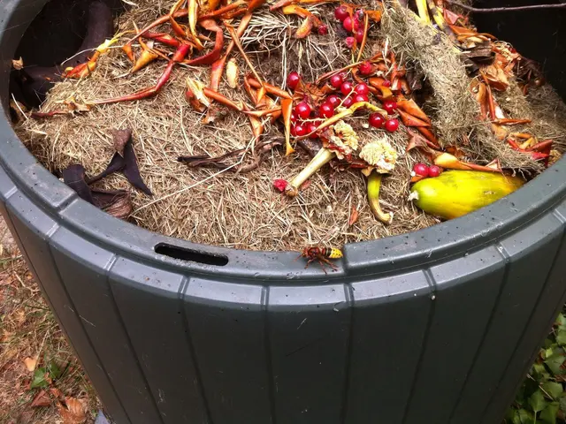 The image shows a green trash can filled with a variety of fruits and vegetables, such as apples,...