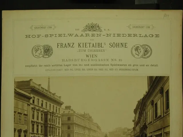 The image shows an old book with a picture of a city street on it, featuring buildings with...