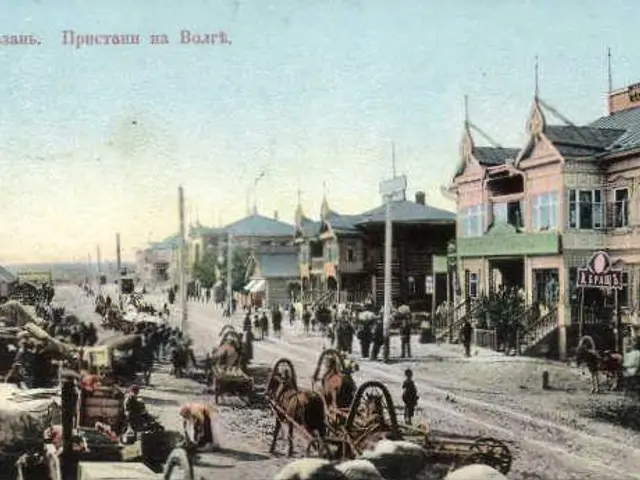 The image shows an old photo of a city street with horse drawn carriages, people, buildings, poles,...