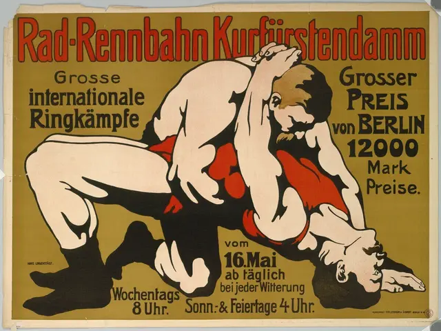 The image shows a poster on the wall depicting two people engaged in a wrestling match. The poster...