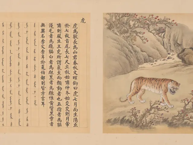 The image shows a tiger in a landscape with a tree in the foreground, surrounded by rocks and...