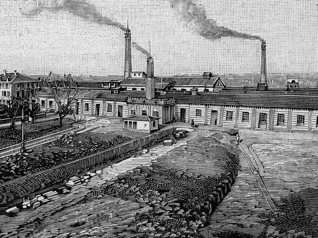 The image shows a black and white drawing of a factory with smoke coming out of its chimneys,...
