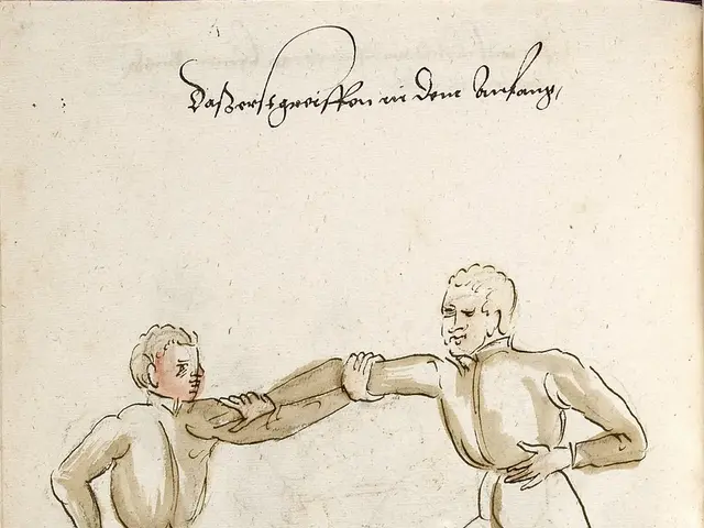 The image shows a book with a drawing of two men engaged in a fight, with text written on the page....