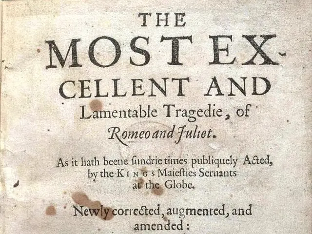 The image shows an old book with the title "The Most Ex-Cellent and Lamentable Tragedy of Romeo and...
