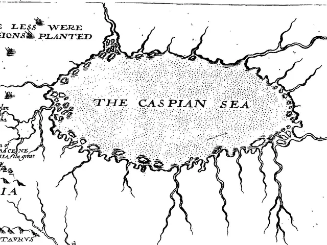 The image shows a black and white drawing of a map of the caspian sea, with text written on it. The...