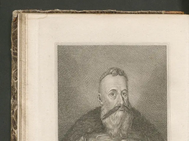 The image shows an old book with a drawing of a man with a beard on the cover. The man has a...