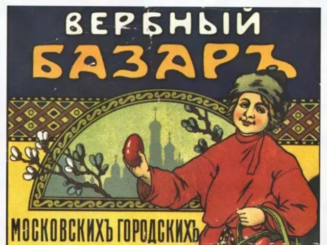 The image shows a Russian poster advertising a fruit market in Moscow, Russia. It features a person...