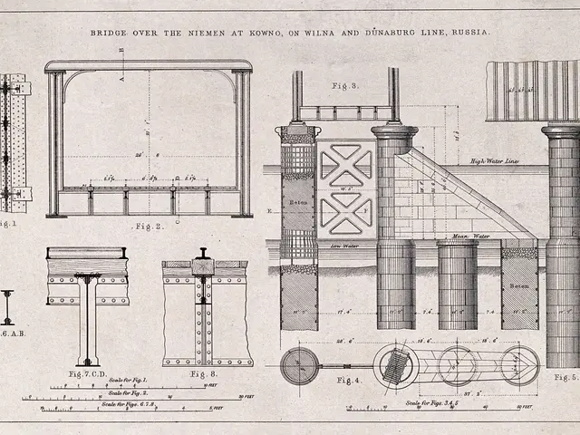 The image shows a drawing of a building with a lot of details, including a bridge over the Niemen...