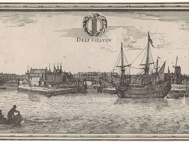 The image shows a black and white drawing of a harbor with boats in the water, surrounded by...
