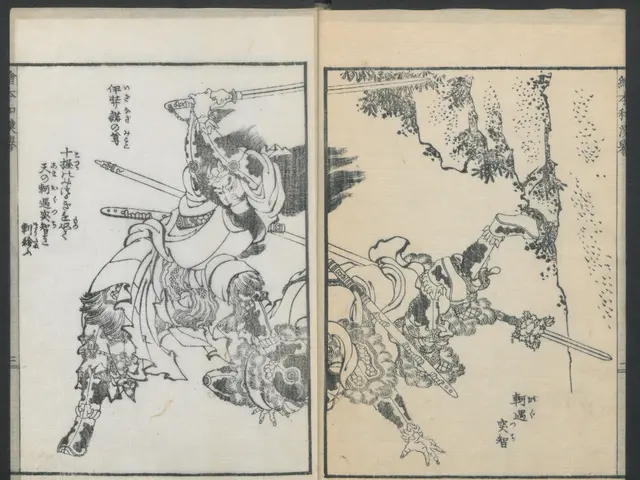 The image shows an open book with a drawing of a samurai on it, set against a black background. The...