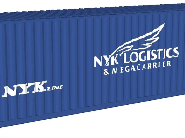 The image shows a blue shipping container with the words "NYK Logistics & Megacarrier" written on...