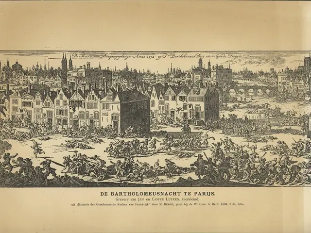 The image shows an old book with a drawing of a city on it. The drawing depicts a bustling...