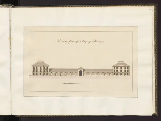 The image shows an open book with a drawing of a building on it. The building appears to be a...