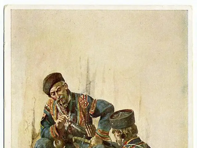 The image shows two men in military uniforms sitting on the ground, playing musical instruments....