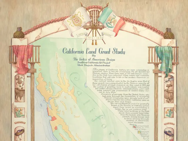 The image shows a poster of the California Land Grant Study, featuring a map of the state of...