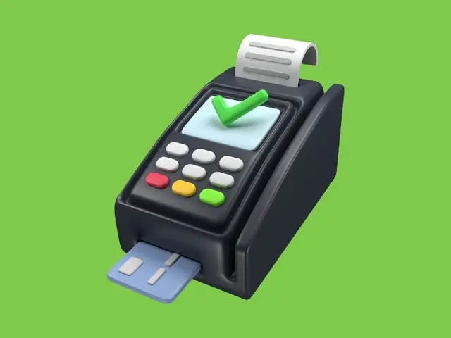 The image shows a credit card machine with a green background and a green check mark on it,...