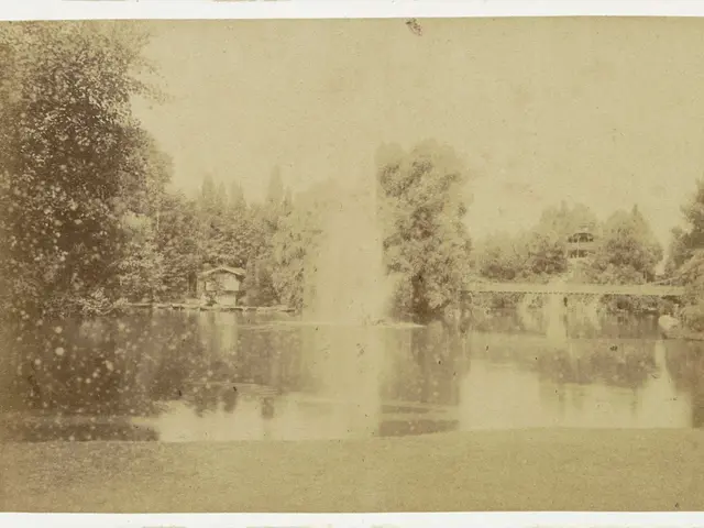 The image shows an old black and white photo of a pond with a fountain in the middle, surrounded by...