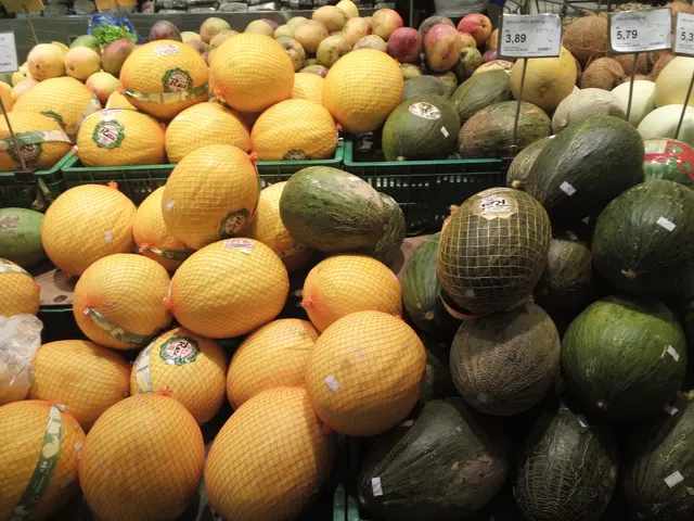 The image shows a market with a variety of fruits, including melons, arranged in baskets. There are...