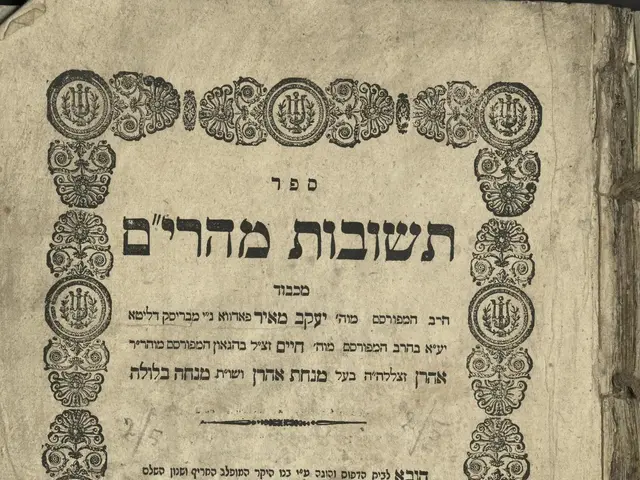 The image shows an old book with Hebrew writing on it placed on a surface. The text on the book is...