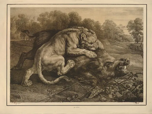 The image shows a lion and a boar in a wooded area, with trees in the background. The photo frame...