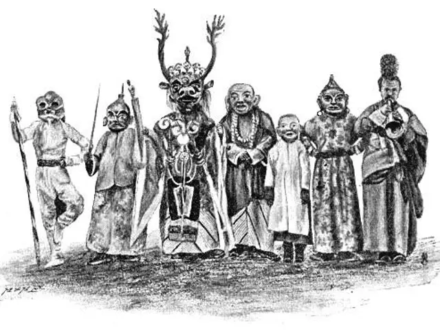 The image shows a group of people standing next to each other, wearing costumes and holding various...