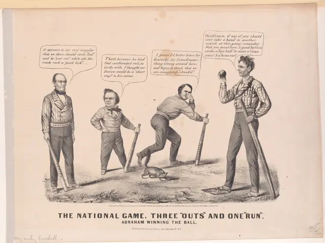 The image shows a paper with a drawing of four men standing and holding baseball bats, with an...