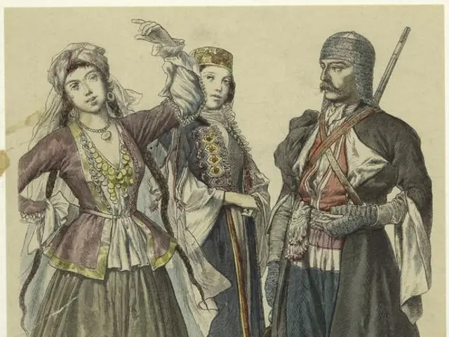 The image shows a man and two women dressed in traditional Russian costumes from the 19th century....