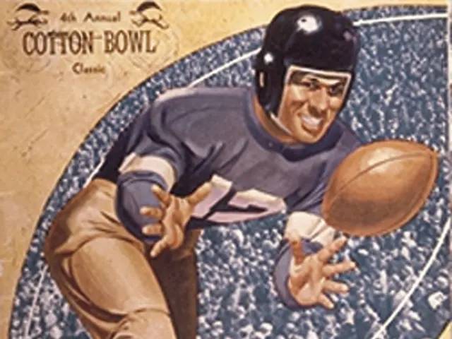 The image shows a poster of a person wearing a helmet and holding a football, with the words...